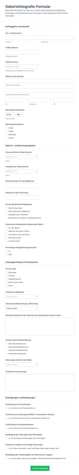 Geburtsfotografie Vereinbarungsformular