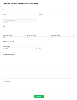 Geburtstagsfeier Reservierungsformular Form Template