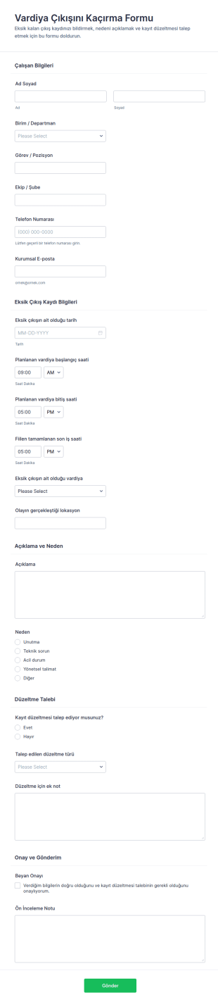 Geç Kapanış Bildirim Form Şablonu
