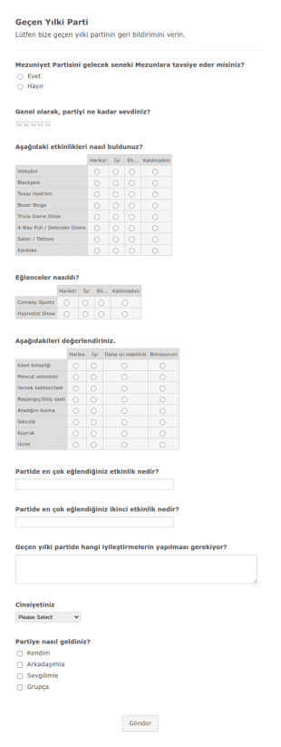 Geçen Yılki Parti Anketi Form Şablonu