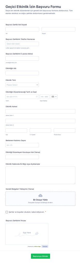 Geçici Etkinlik İzin Başvuru Form Şablonu