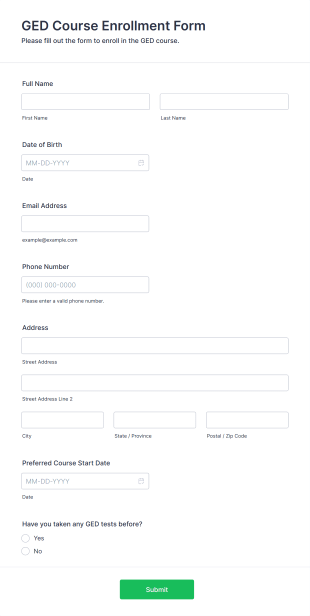 GED Course Enrollment Form Template
