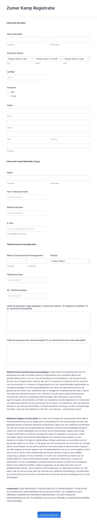 Gedetailleerd Registratieformulier Zomerkamp Form Template