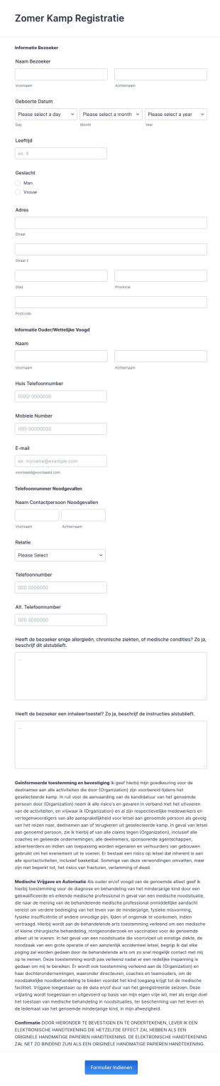 Gedetailleerd Registratieformulier Zomerkamp