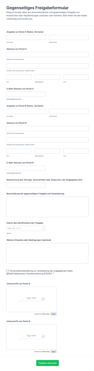 Gegenseitiges Freigabeformular
