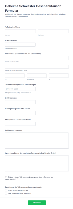 Geheime Schwester Geschenktausch Formular