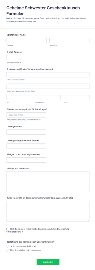 Geheime Schwester Geschenktausch Formular