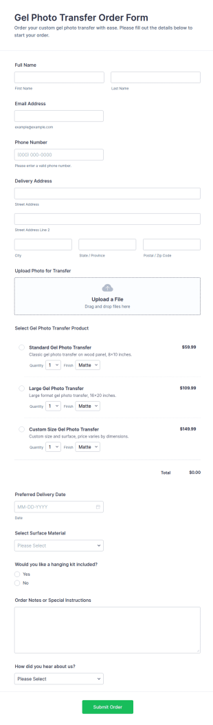 Gel Photo Transfer Order Form Template