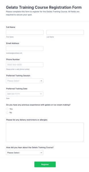 Gelato Training Course Registration Form Template