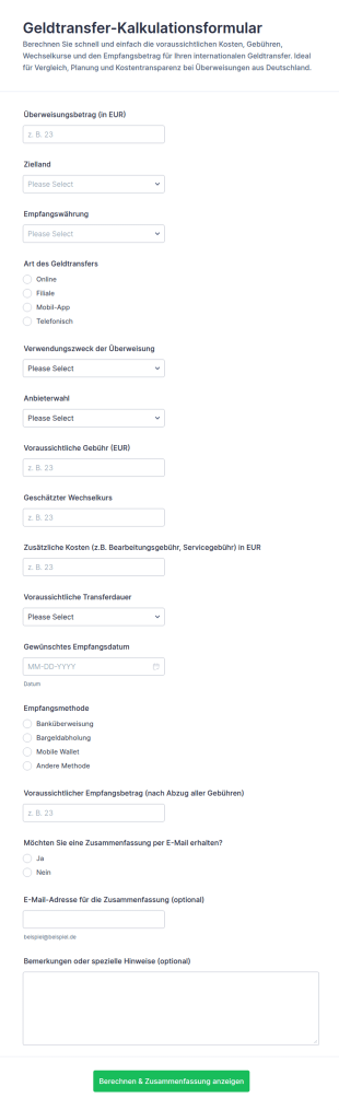 Geldtransfer Rechner Formular