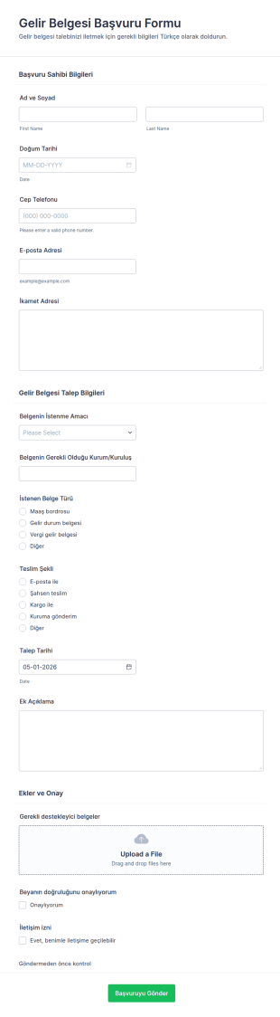 Gelir Belgesi Başvuru Form Şablonu