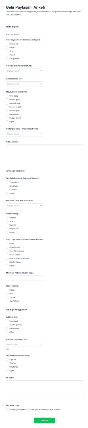 Gelir Paylaşımı Anketi Form Şablonu