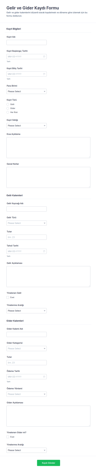 Gelir Ve Gider Kayıt Form Şablonu