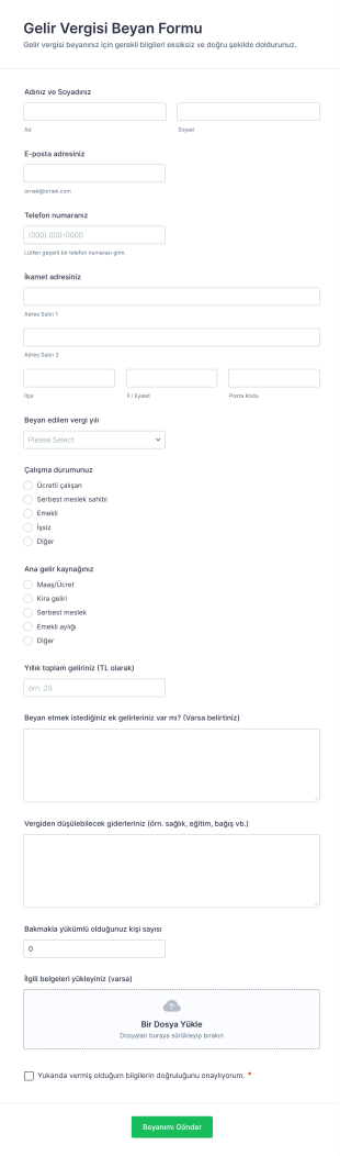 Gelir Vergisi Beyan Form Şablonu