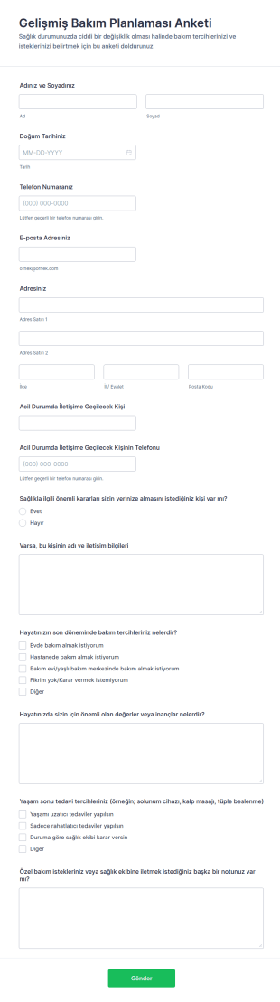 Gelişmiş Bakım Planlama Anketi Form Şablonu