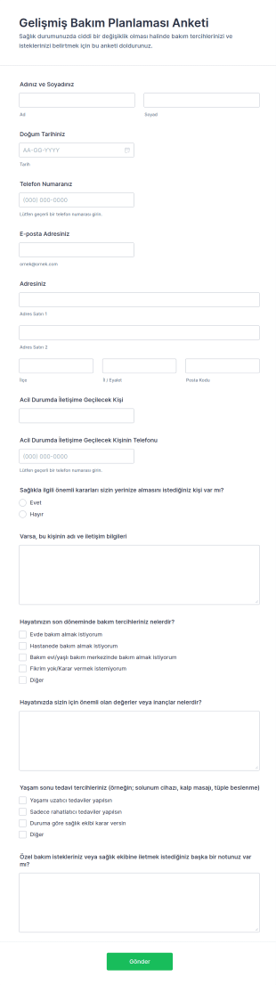 Gelişmiş Bakım Planlama Anketi Form Şablonu