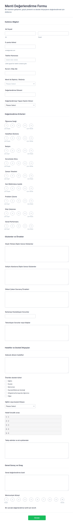 Gelişmiş Değerlendirme Anketi Form Şablonu