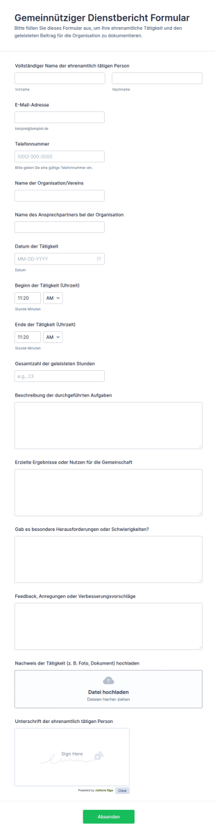 Gemeinnütziger Dienstbericht Formular