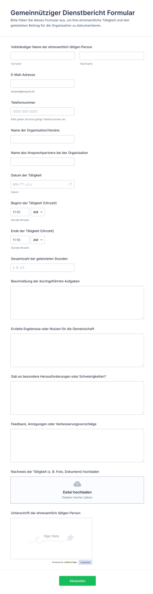 Gemeinnütziger Dienstbericht Formular