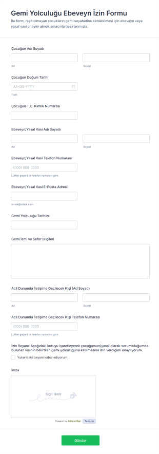 Gemi Yolculuğu Ebeveyn İzin Form Şablonu