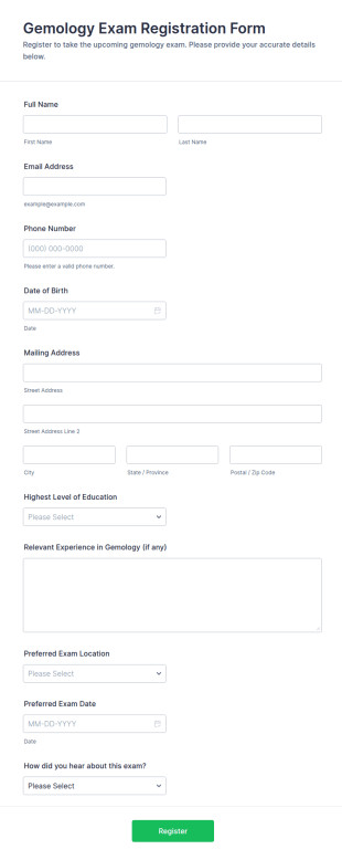 Gemology Exam Registration Form Template