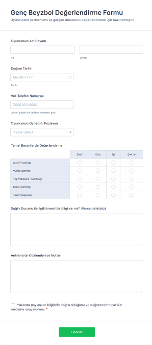 Genç Beyzbol Değerlendirme Form Template