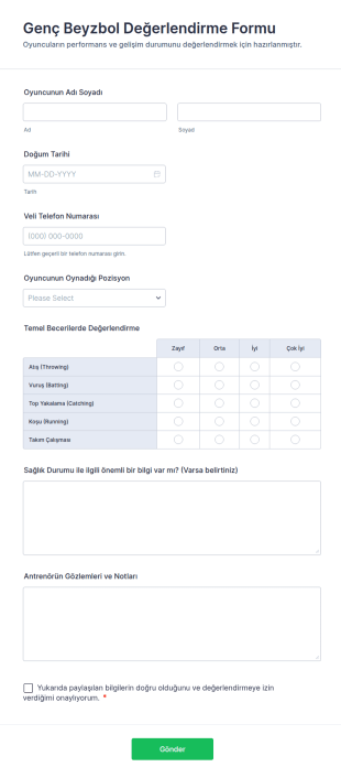 Genç Beyzbol Değerlendirme Form Şablonu