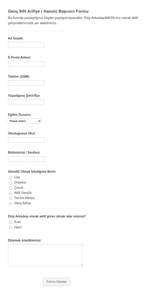 Genç İHH Arifiye ( Hanım) Başvuru Form Şablonu