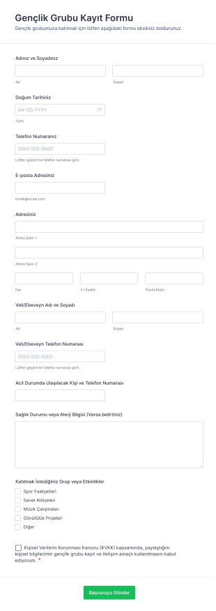 Gençlik Grubu Kayıt Form Şablonu