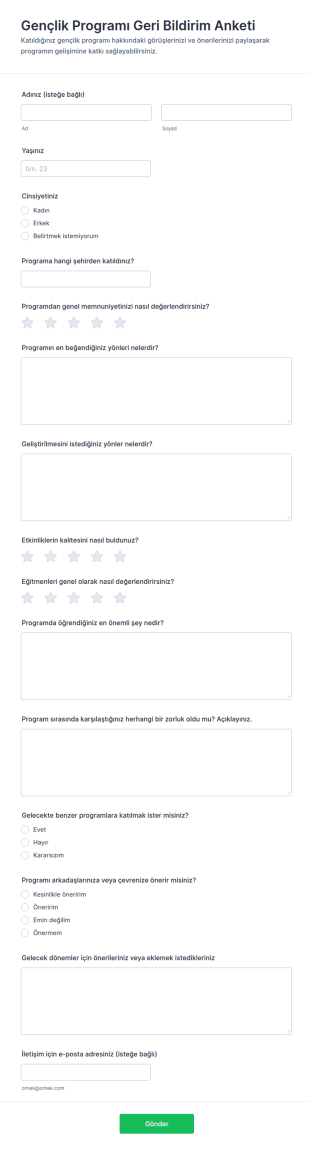 Gençlik Programı Geri Bildirim Anketi Form Şablonu