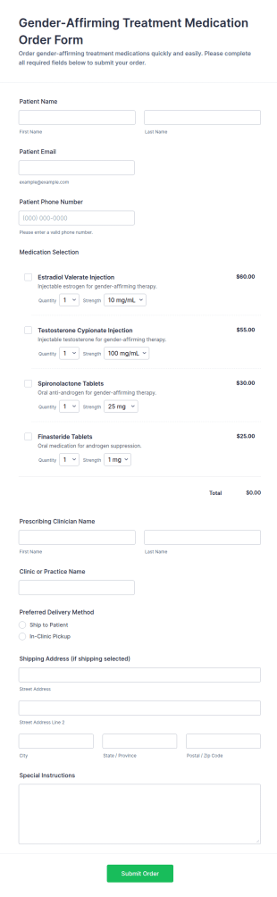 Gender Affirming Treatment Medication Order Form Template