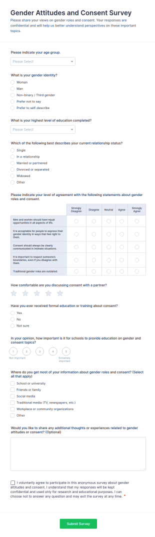 Gender Attitudes And Consent Survey Form Template