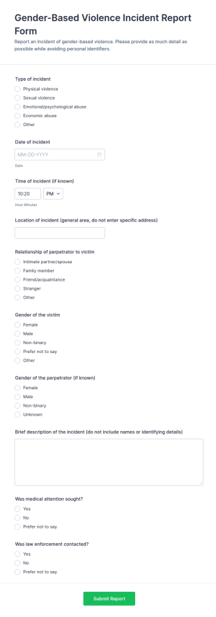 Gender Based Violence Incident Report Form Template