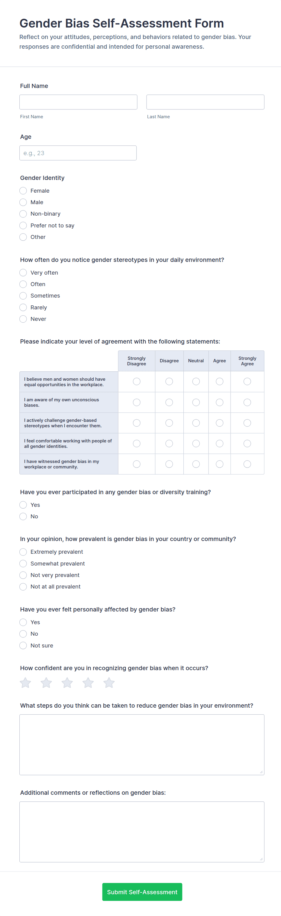 Gender Bias Self-Assessment Form Template | Jotform