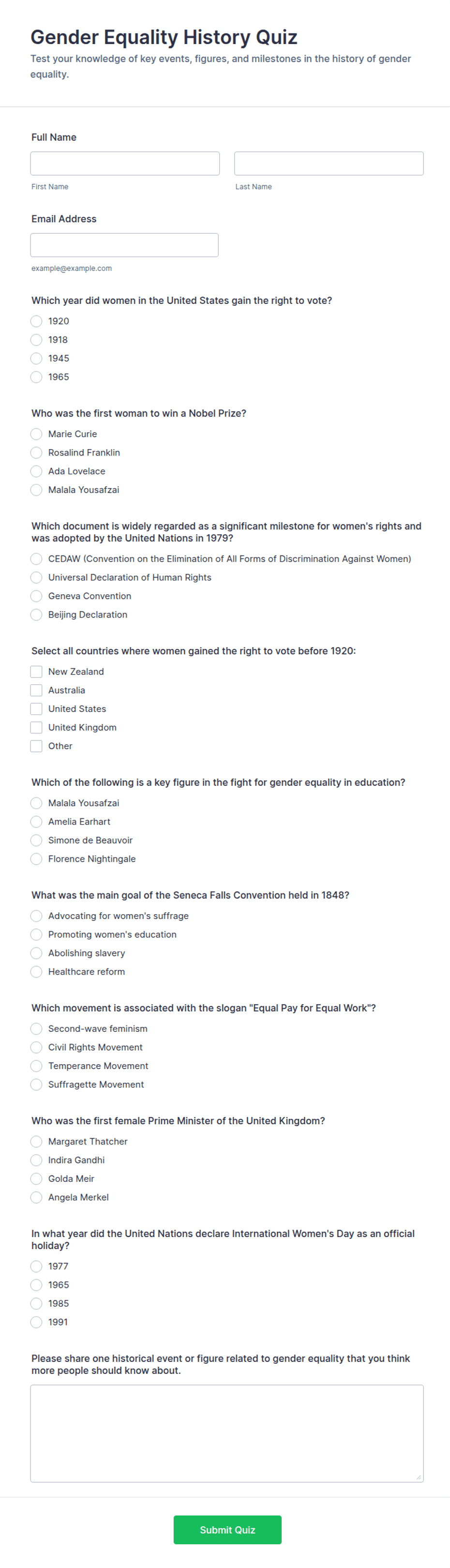 Gender Equality History Quiz Form Template | Jotform