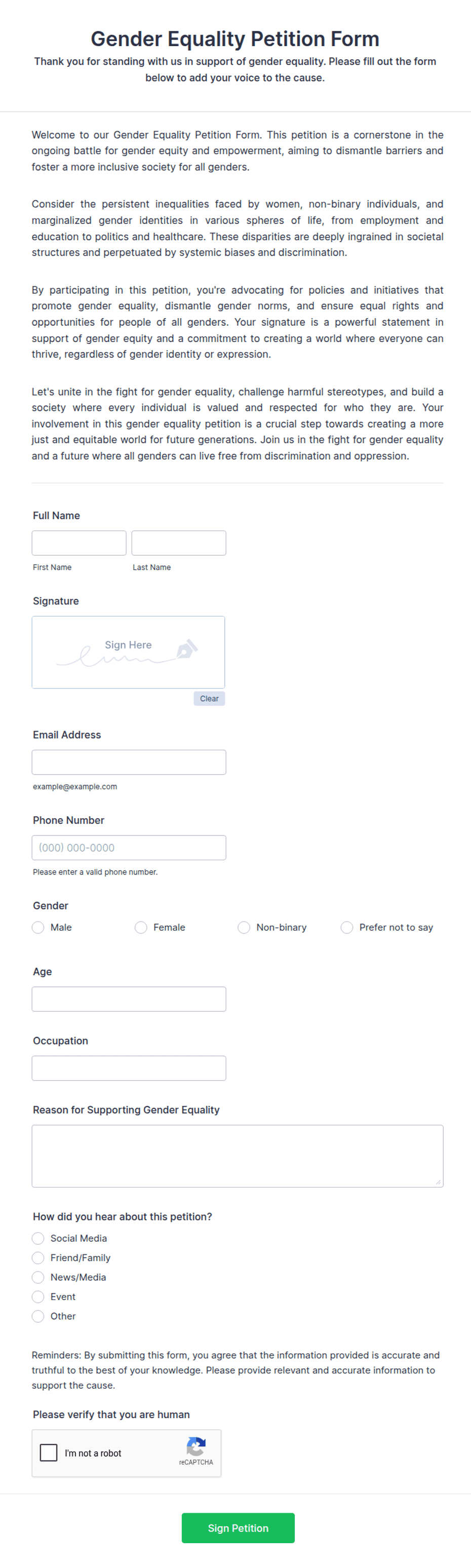 Equality Form Gender Equality Petition Form Template | Jotform