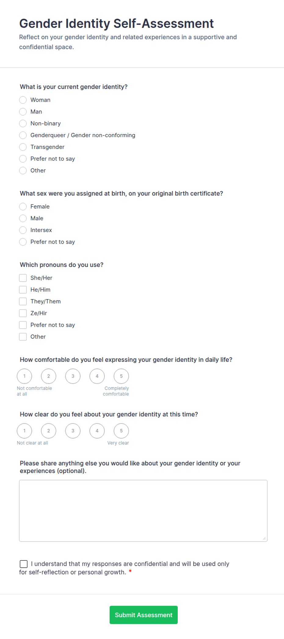 Gender Declaration Form Gender Identity Self-Assessment Form Template | Jotform