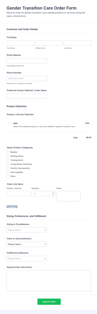 Gender Transition Care Order Form Template