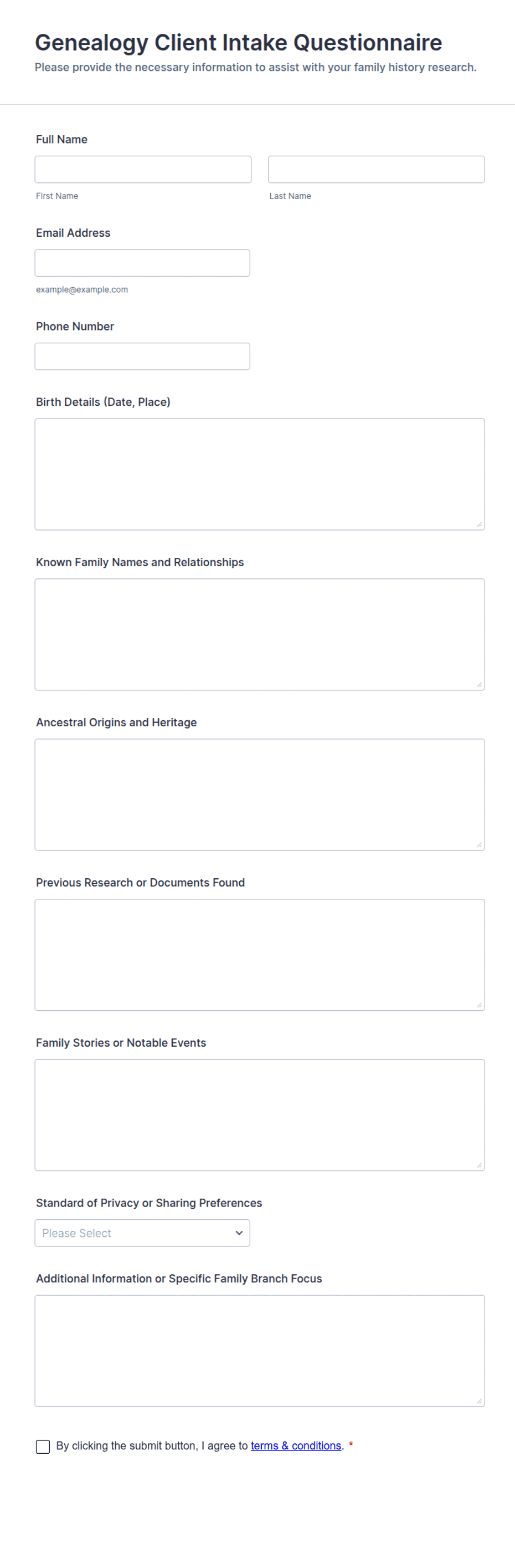 Genealogy Client Intake Questionnaire Form Template | Jotform