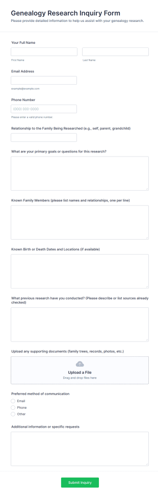 Genealogy Research Inquiry Form Template