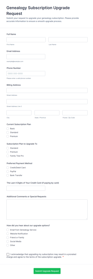 Genealogy Subscription Upgrade Request Form Template