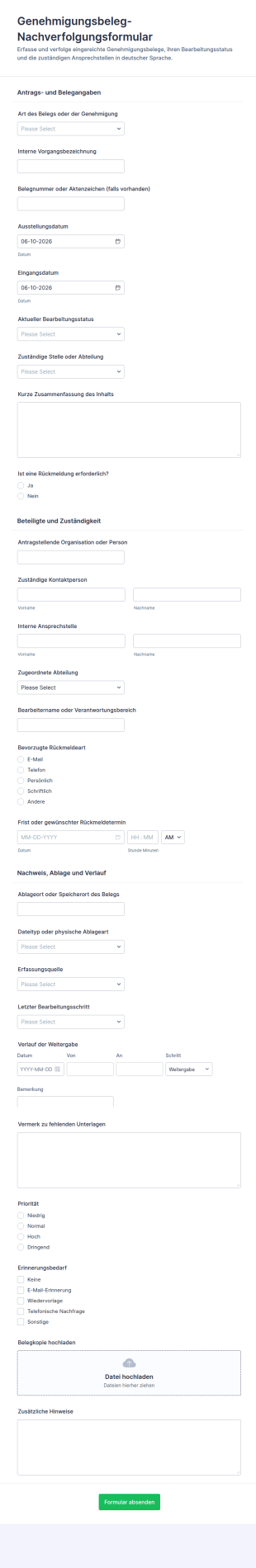 Genehmigungsbeleg Erfassung Formular