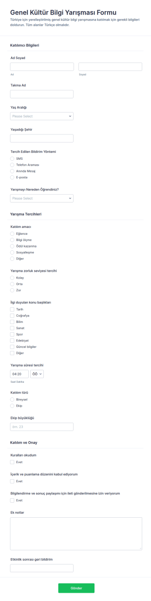 Genel Bilgi Yarışması Form Şablonu