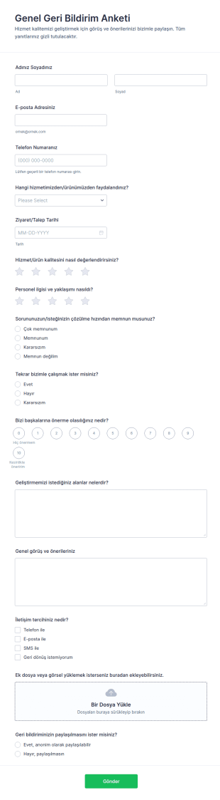 Genel Geri Bildirim Anketi Form Şablonu