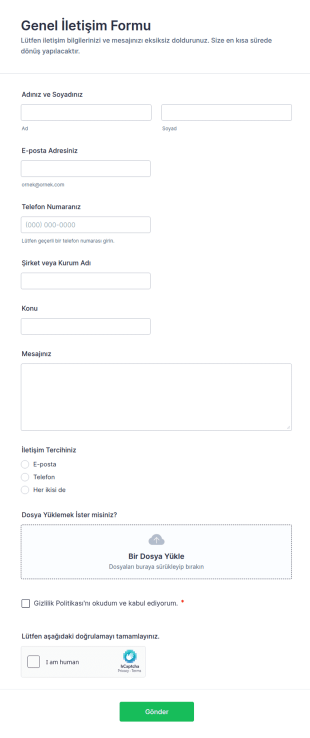 Genel İletişim Form Şablonu