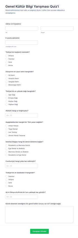 Genel Kültür Bilgi Yarışması Quiz'i Form Şablonu