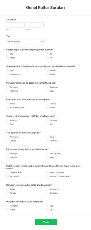 Genel Kültür Soruları Form Şablonu