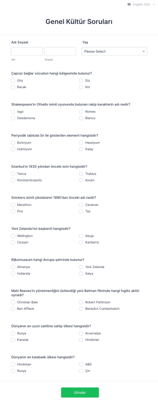 Genel Kültür Soruları Form Şablonu