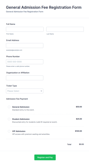 General Admission Fee Registration Form Template