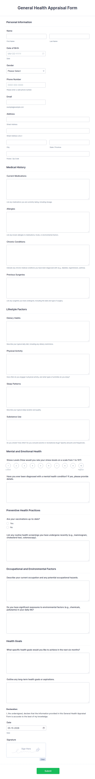 General Health Appraisal Form Template